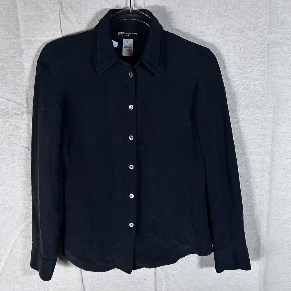 Jones‎ New York Collection Black 100% Silk Button Up Blouse Long Sleeve Size 8